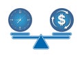 Time is money on scales icon. Weights with clock and money coin.